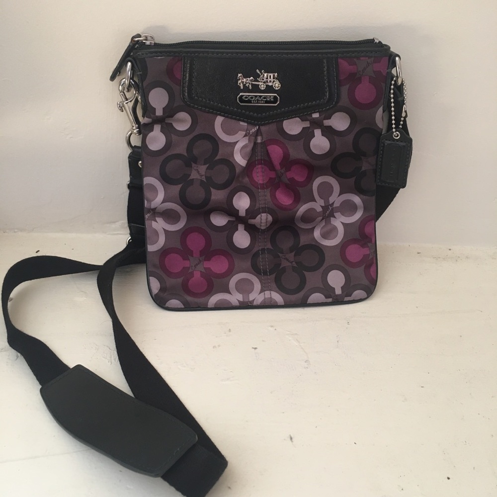 Coach. Crossbody silk purse. Black/purple/grey.